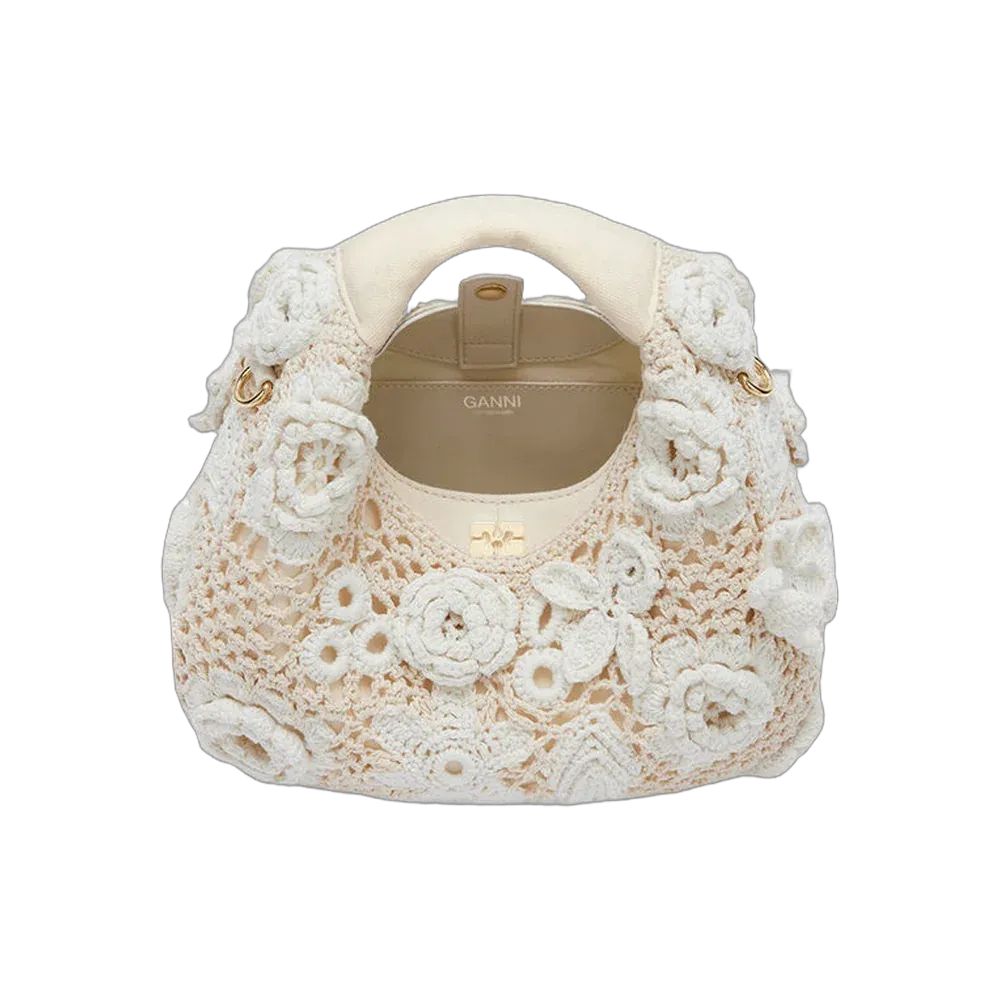 Ganni Mini Hobo Bag in White Crochet