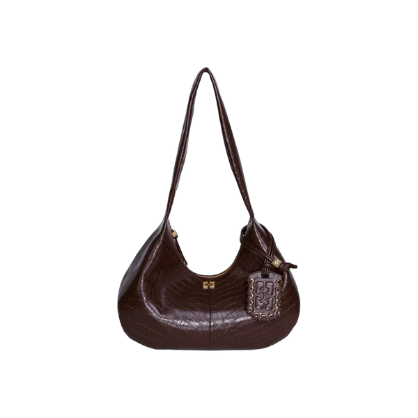 Ganni Brown Croco Medium Hobo Bag