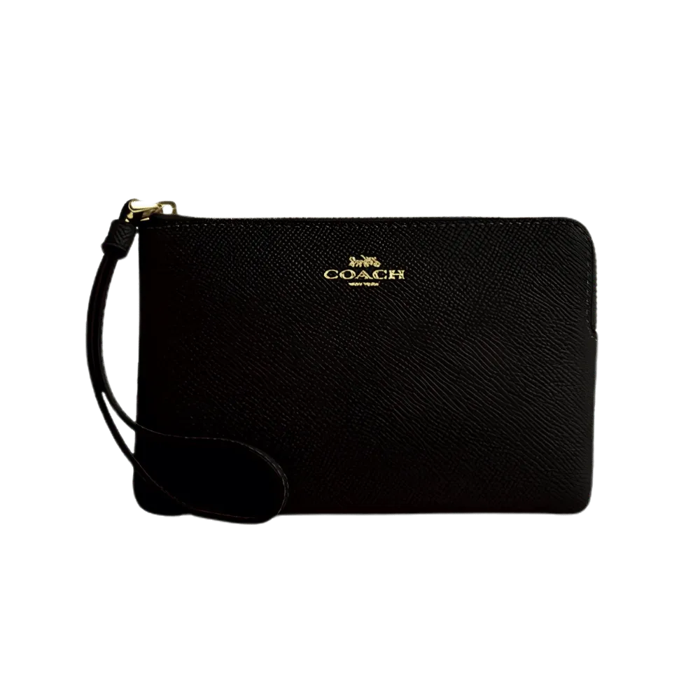 Coach Corner Zip Wristlet Crossgrain Leather-Gold-Black