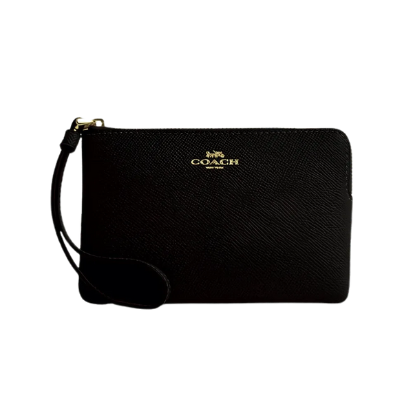 Coach Corner Zip Wristlet Crossgrain Leather-Gold-Black