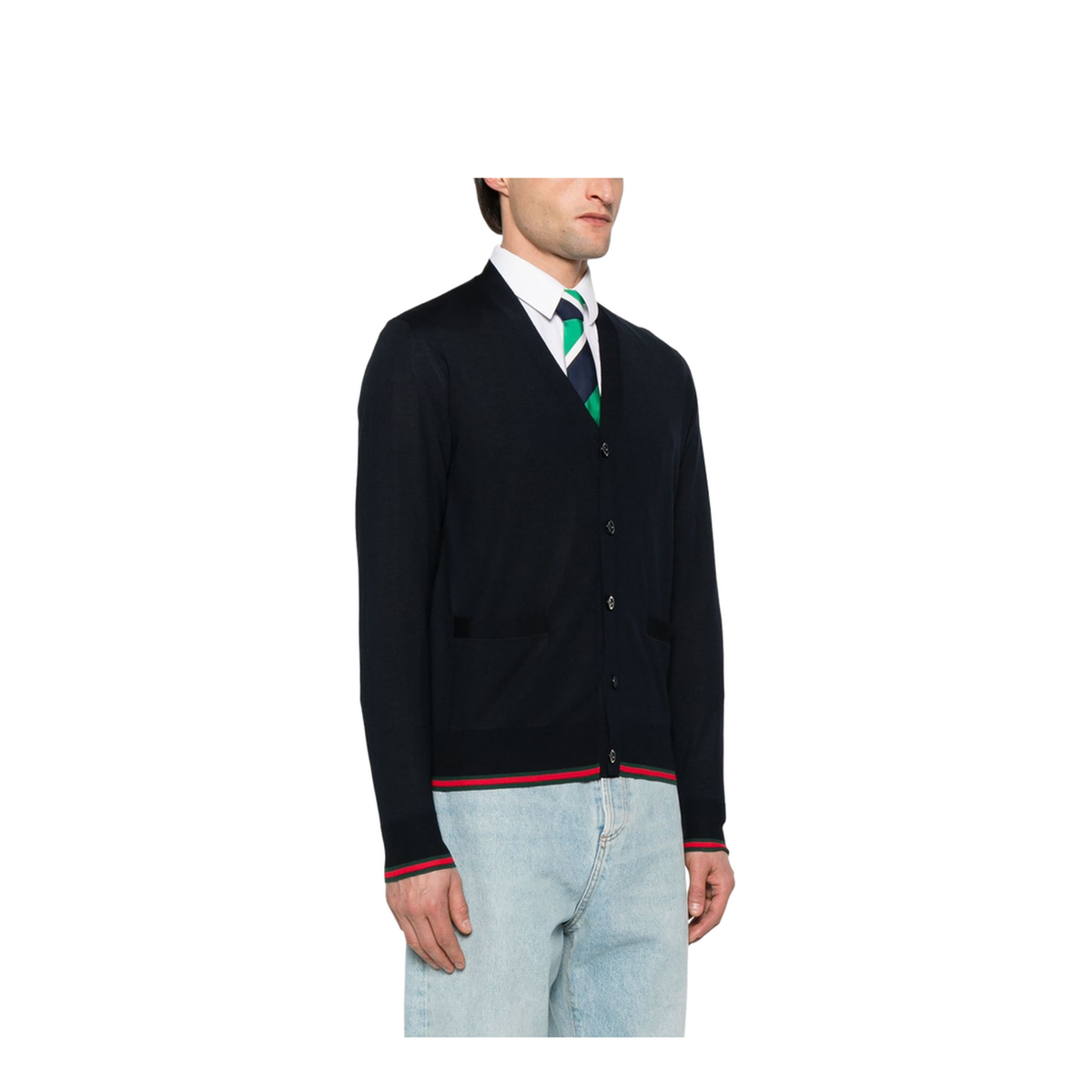 Gucci Wool Knit Cardigan with Web in Dark Blue