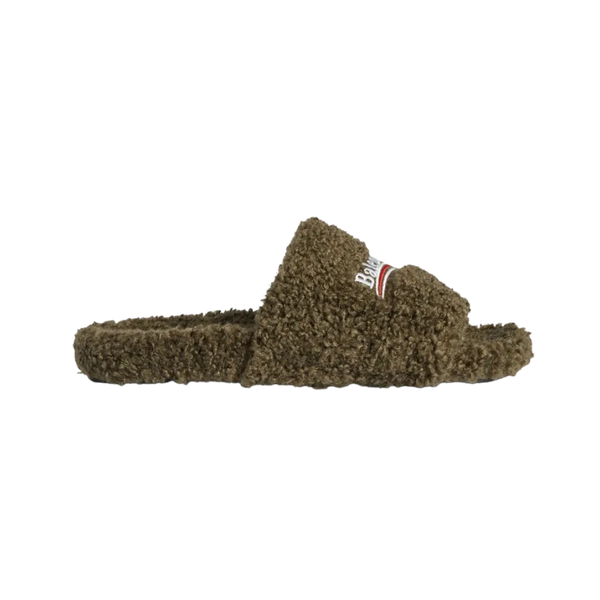 Balenciaga Furry Open Mule In Army Green