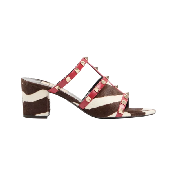 Valentino Rockstud Slide Sandal In Pony-Effect Calfskin 60mm Marrone