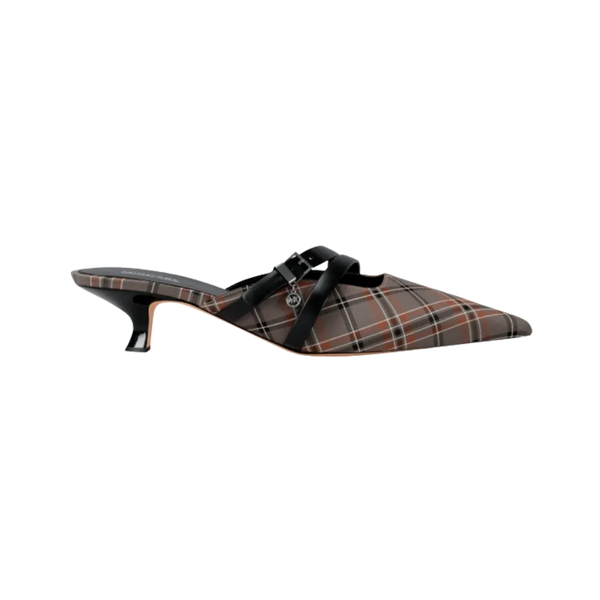 Michael Kors Yvette Plaid Print Kitten Mule Mushroom Mlti