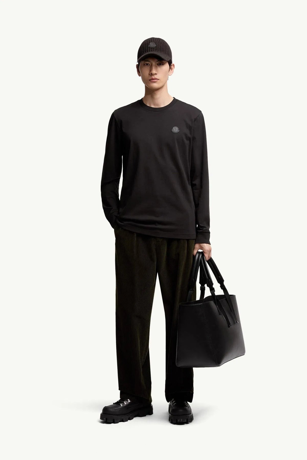 Moncler Moncler Leather Logo Long Sleeve Cotton T-Shirt Black Black