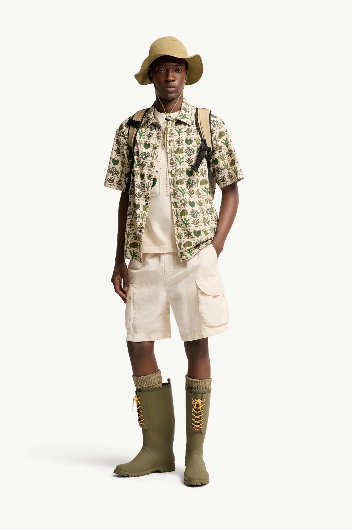 Moncler Moncler Botanical Print Cotton Blend Short Sleeve Shirt Brown & Green Brown & Green