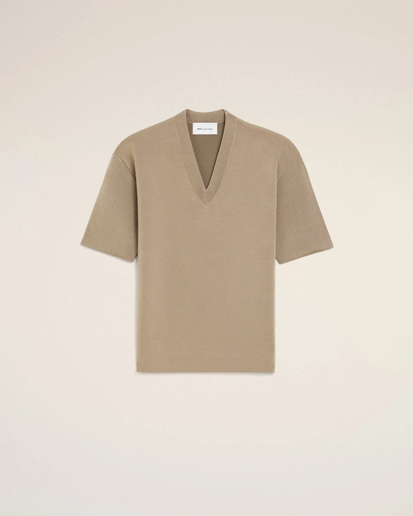Ami Paris Ami Paris Amiparis Beige Wool Short Sleeves V Neck Sweater Women's