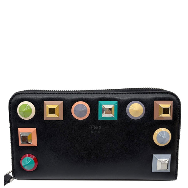 Fendi Fendi Colorful Studs Calfskin Zip Around Long Wallet Black