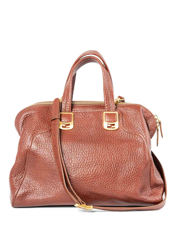 Fendi Fendi Logo Leather Top Handle Shopper Bag Brown Gold
