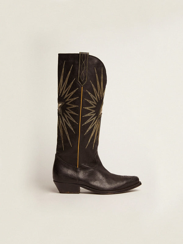 Golden Goose Golden Goose Wish Star Boots In Black Leather With Platinum Laminated Leather Inlay Star Womens