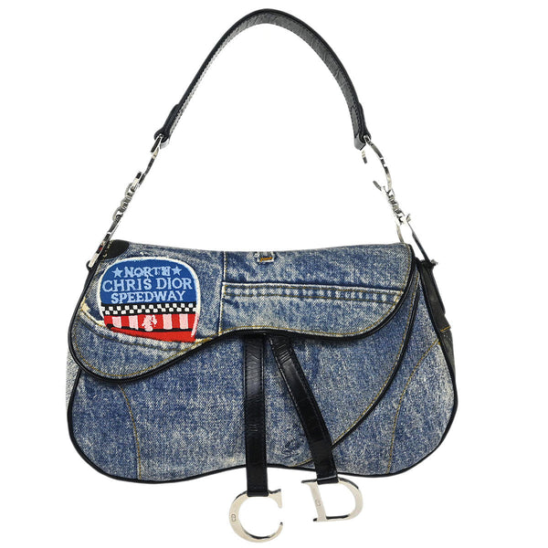 Christian Dior Christian Dior Blue Canvas Denim Print Double Saddle Handbag