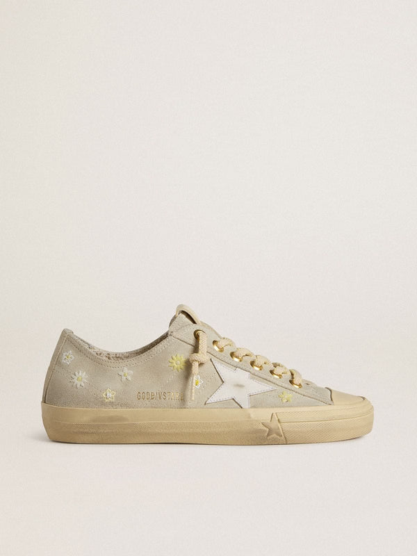 Golden Goose Golden Goose Womens V-Star In Ice-Gray Suede With White Leather Star And Floral Embroidery Womens