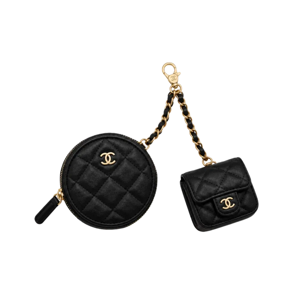 Chanel Black Quilted Leather Coin Purse and AirPods Holder Set