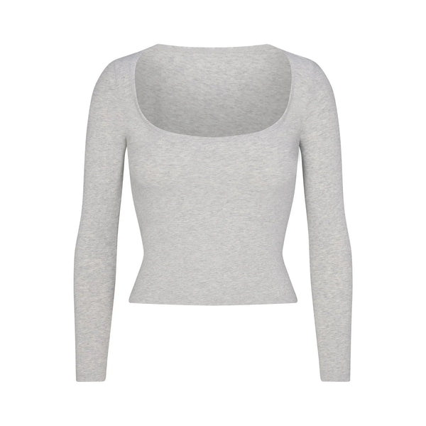 Skims Cotton Jersey Scoop Neck Long Sleeve Light Heather Grey