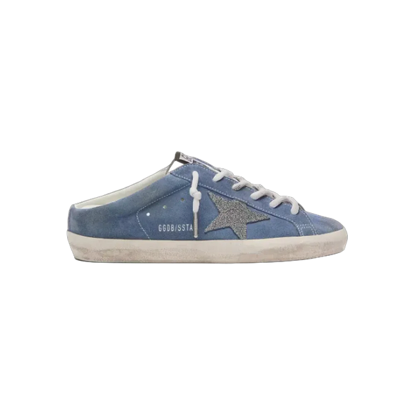 Golden Goose Super-Star Sabots In Denim-Blue Suede With Silver Glitter Star