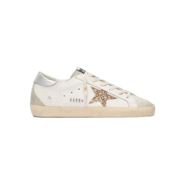 Golden Goose Super-Star With Gold Glitter Star And Ice-Gray Suede Inserts