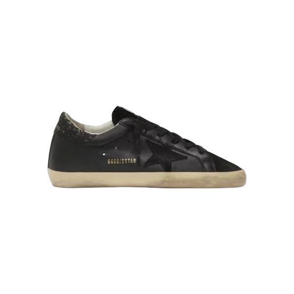 Golden Goose Super-Star In Black Nappa With Black Star And Glitter Heel Tab