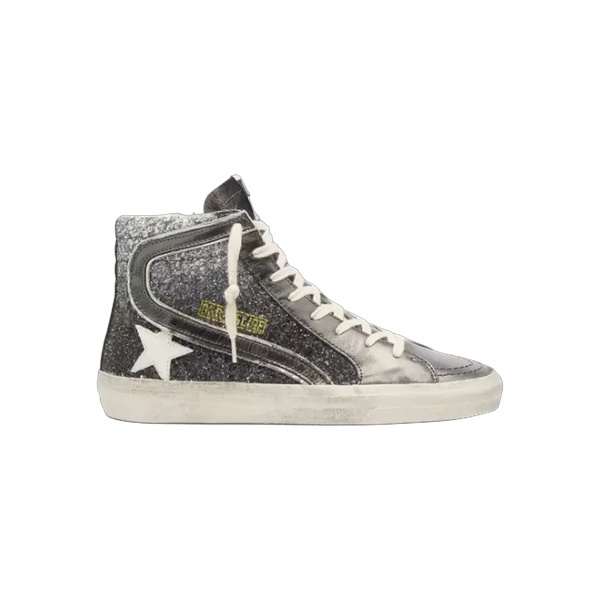 Golden Goose Slide In Black And Silver Glitter With Leather Star And Metallic Flash