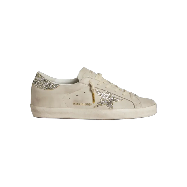 Golden Goose Super-Star In Ivory Nappa Leather With Platinum Glitter Star