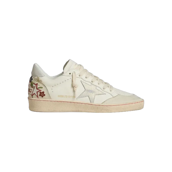 Golden Goose Ball Star In Leather With Platinum Suede Star And Multicolor Floral Embroidery