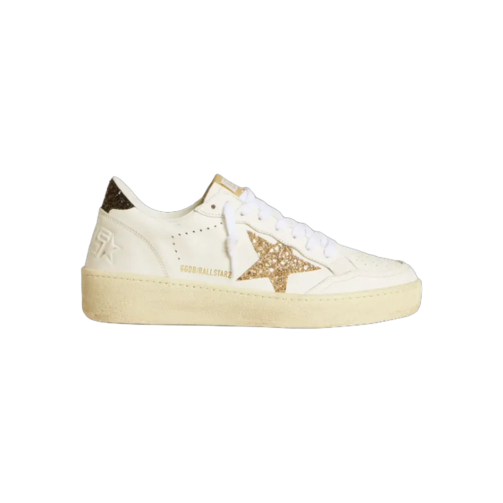 Golden Goose Ball Star In White Leather With Gold Glitter Star And Black Glitter Heel Tab