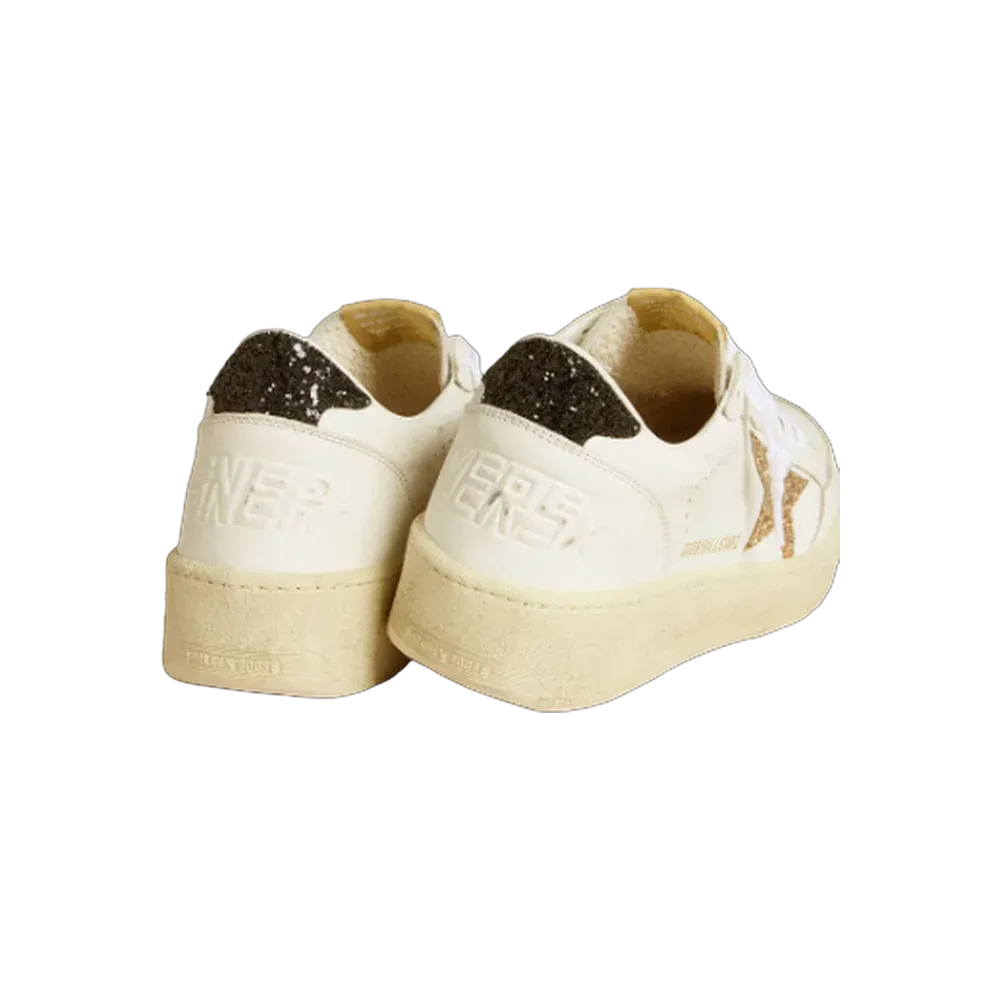 Golden Goose Ball Star In White Leather With Gold Glitter Star And Black Glitter Heel Tab