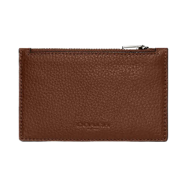 Coach Zip Card Case Pebbled Leather-Gunmetal-Saddle