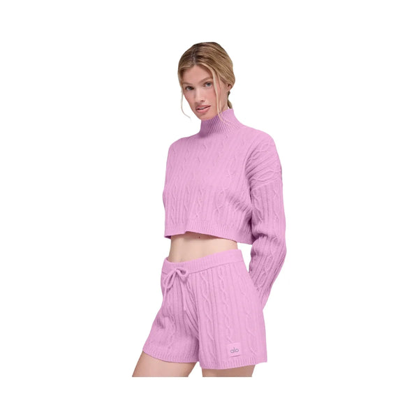 Alo Women's Cable Knit Cropped Winter Bliss Turtleneck Long Sleeve - Candy Heart Pink