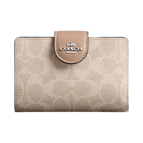 Coach Medium Corner Zip Wallet In Signature Canvas Signature Canvas-Silver-Sand-Taupe