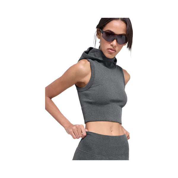 Alo Women's Seamless Two Tone Rib Hooded Vest - Dark Misty Grey Heather