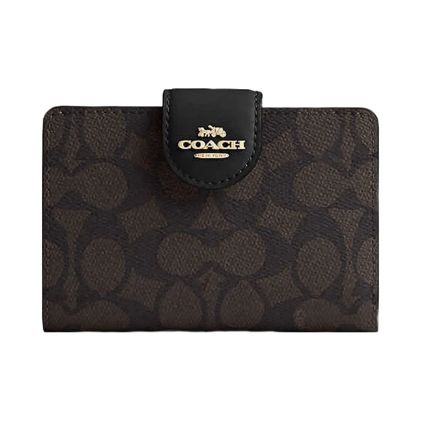 Coach Medium Corner Zip Wallet In Signature Canvas Gold Walnut Black