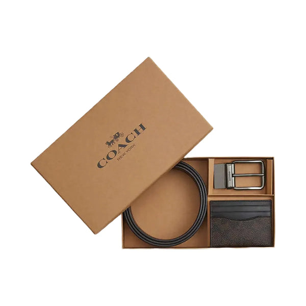 Coach Boxed Card Case And Belt Set In  Signature Canvas Walnut-Black