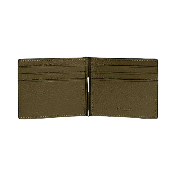 Coach Slim Money Clip Billfold Wallet Pebbled Leather-Gunmetal-Olive