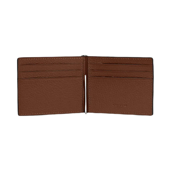 Coach Slim Money Clip Billfold Wallet Pebbled Leather-Gunmetal-Saddle