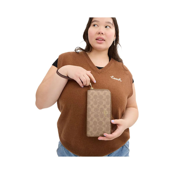 Coach Long Zip Around Wallet In Signature Canvas Signature Canvas-Gold-Tan-Brown