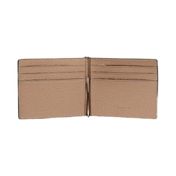 Coach Slim Money Clip Billfold Wallet Pebbled Leather-Black Antique Nickel-Taupe