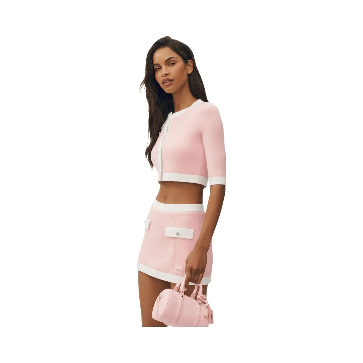 Alo Cotton Cashmere Cropped Capri Dream Cardigan 'Sundrenched Pink/White'