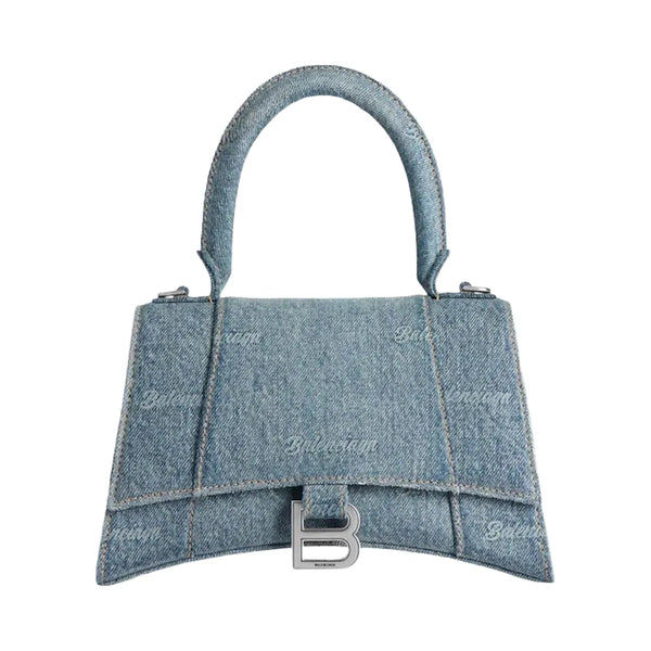 Balenciaga Women'S Hourglass Small Handbag Girly Allover Denim Light Blue