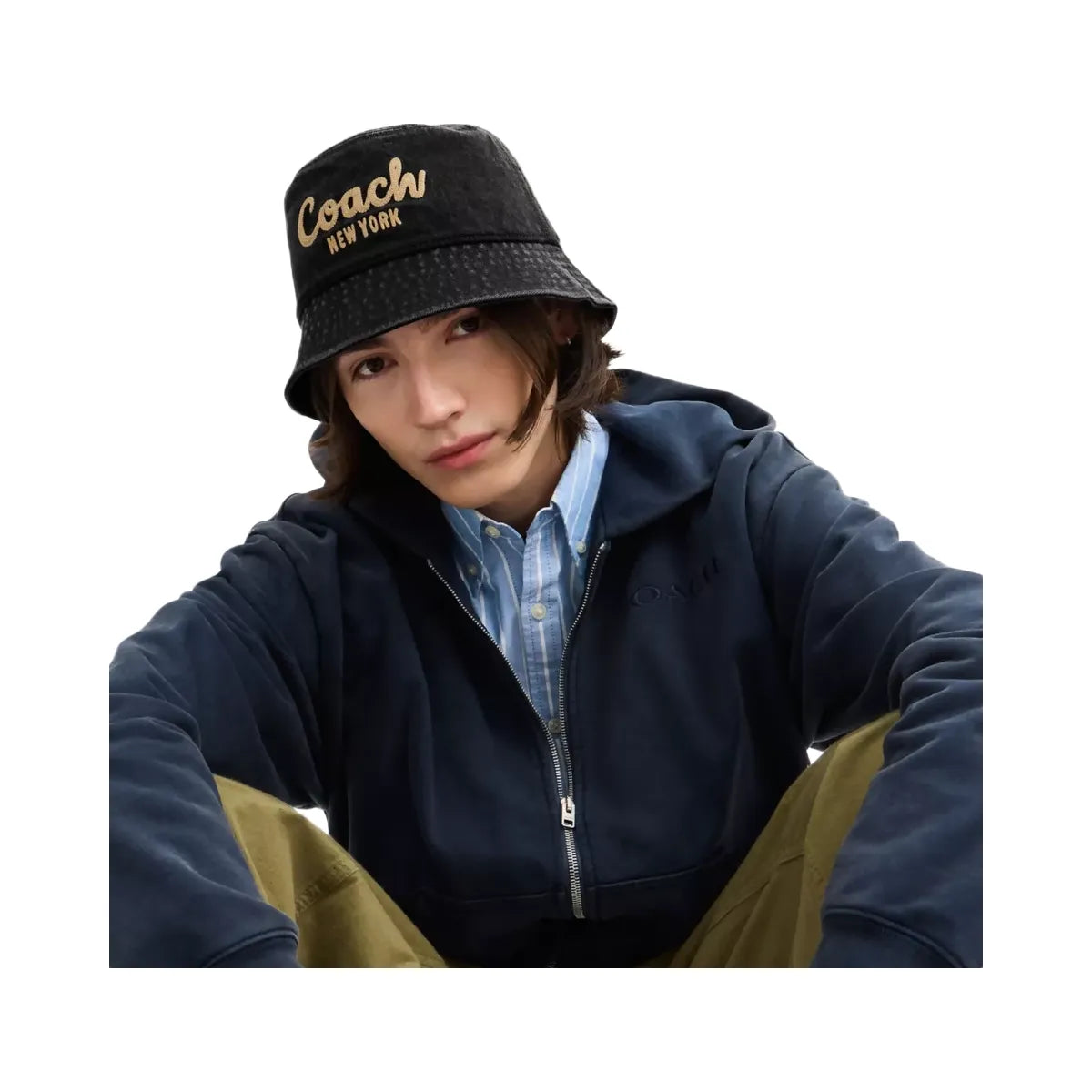 Coach Script Embroidered Denim Bucket Hat in Black