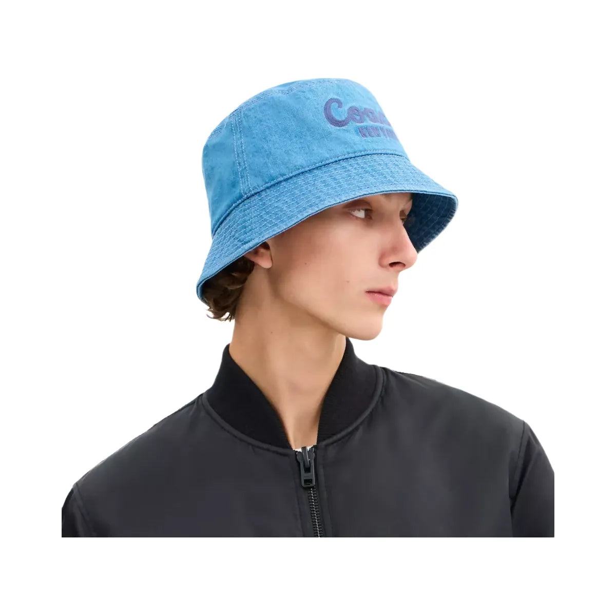 Coach Script Embroidered Denim Bucket Hat in Indigo