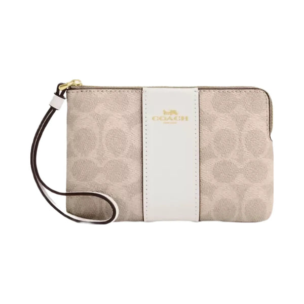 Coach Corner Zip Wristlet In Signature Canvas With Stripe in Gold Sand Chalk