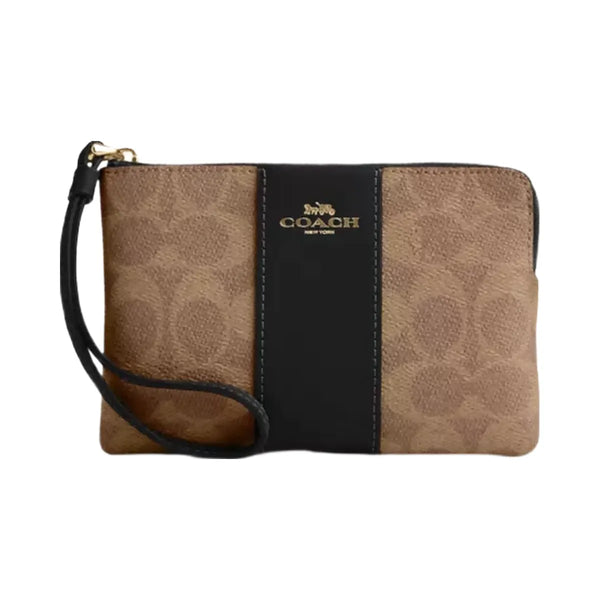Coach Corner Zip Wristlet In Signature Canvas With Stripe in Gold Tan Black