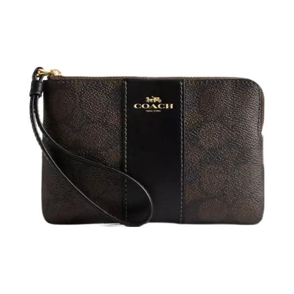 Coach Corner Zip Wristlet In Signature Canvas With Stripe in Gold Walnut Black