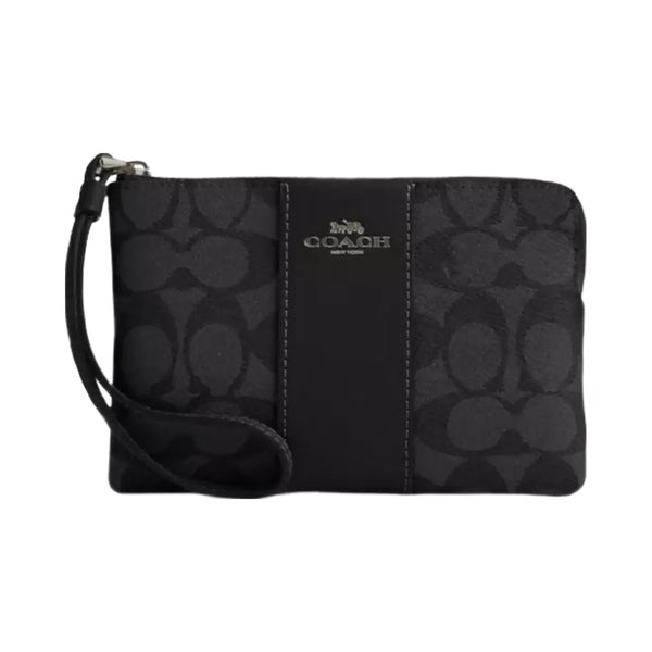 Coach Corner Zip Wristlet In Signature Canvas With Stripe in Gunmetal Charcoal Black