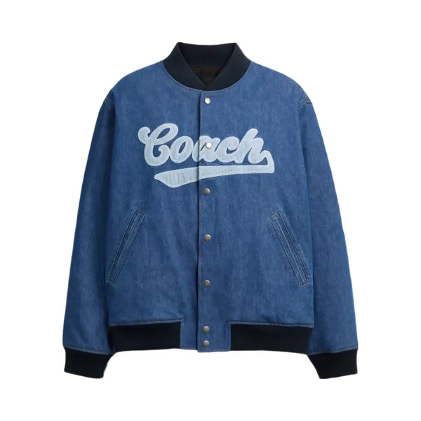 Coach Denim Varsity Jacket In Organic Cotton in Washed Blue Multi