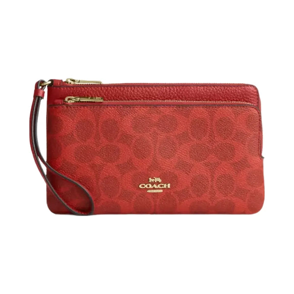 Coach Double Zip Wallet In Signature Canvas in Gold Crimson