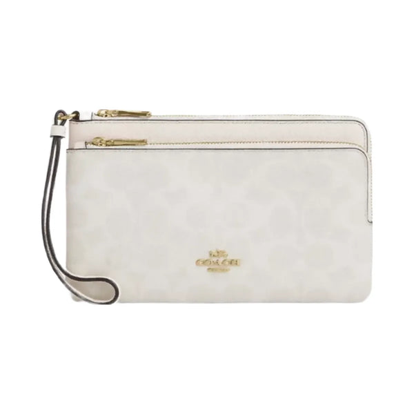 Coach Double Zip Wallet In Signature Canvas in Gold White Chalk