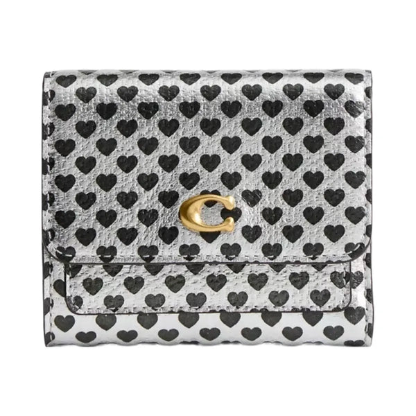 Coach Mila Small Flap Wallet With Heart Print in Brass Silver Black Multi