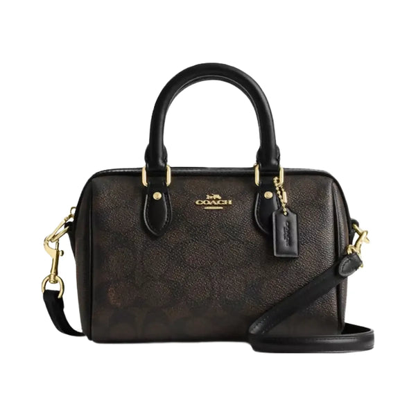 Coach Mini Rowan Crossbody Bag In Signature Canvas in Gold Walnut Black