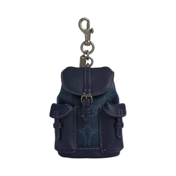 Coach Mini Warner Backpack Bag Charm In Signature Canvas in Gunmetal Denim Midnight Navy